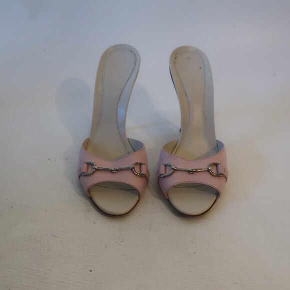 Womens Gucci Pink Stiletto Heel Open Toe Leather Sandal Mule Heels 38.5 US/8.5 - Picture 7 of 11